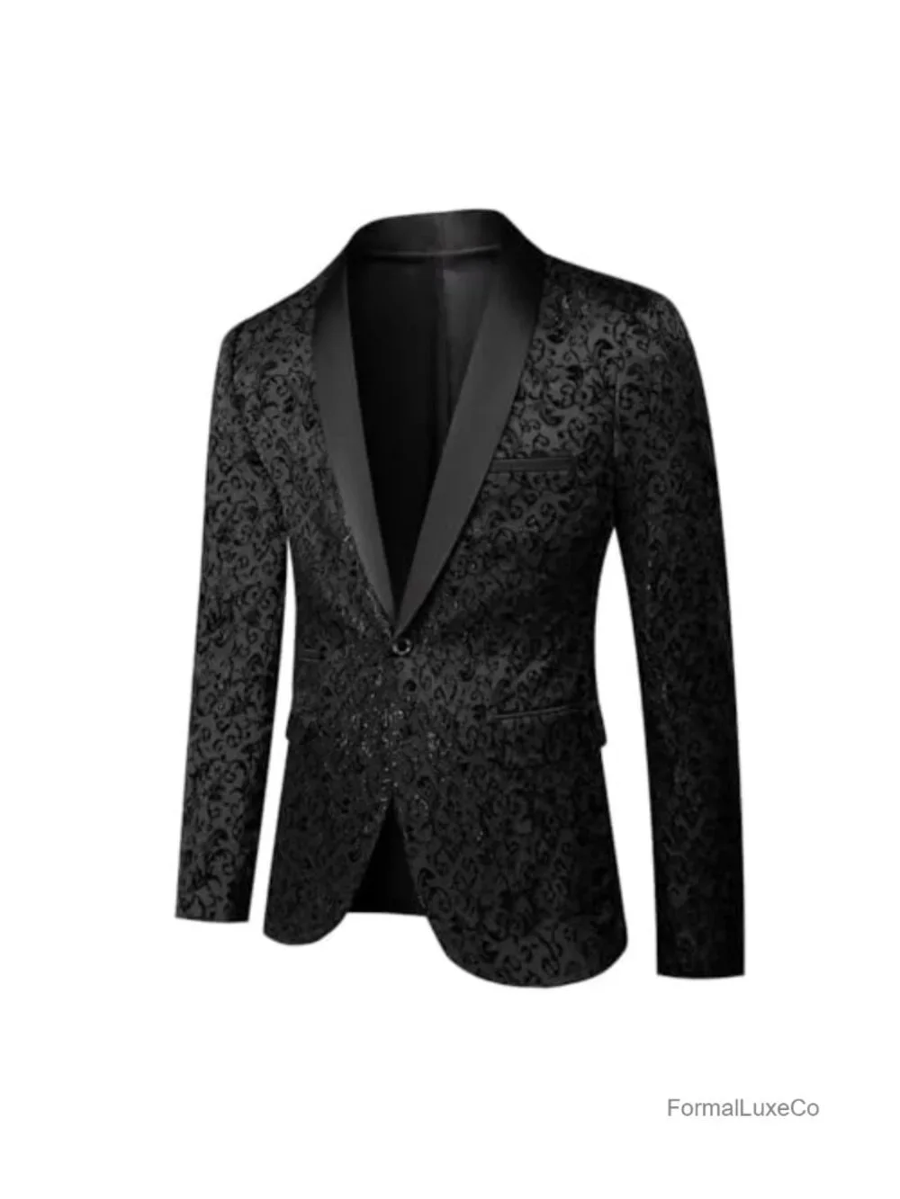 Men's Floral Jacquard Suit Blazer 1 Button Shawl Collar Tuxedo Sport Coat Party